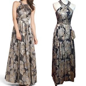 Eliza J Embellished Metallic Brown Multi Floral Jacquard Ballgown